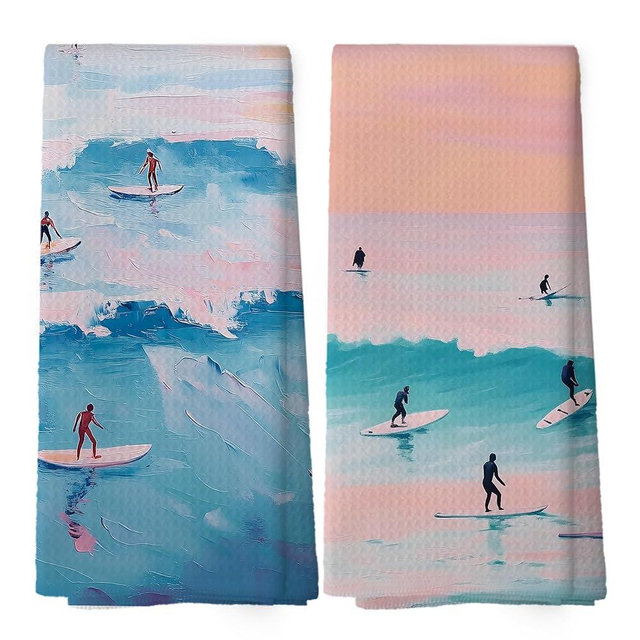 shiviody Coastal Surfing Kitchen Towels - Watercolor Beach Dish Towels, Seaside Surf Beachy Decorative Absorbent Dishcloths Hand Towels Set of 2 for Kitchen Bathroom Decor 16x24 Inches