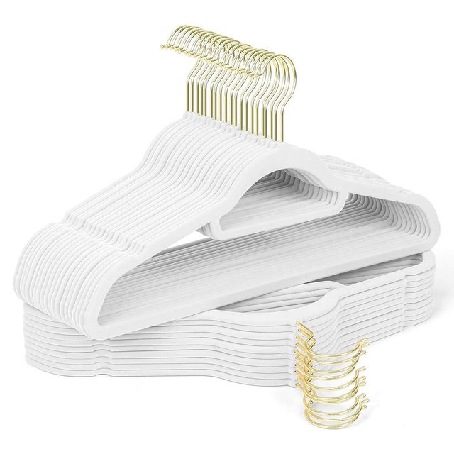Sishynio Velvet Hangers 30 Pack with Gold Hooks, Non-Slip Slim Felt Hanger for Clothes, Heavy Duty Space Saving Flocked Hangers for Dresses, Suits, Coats & Pants(White)