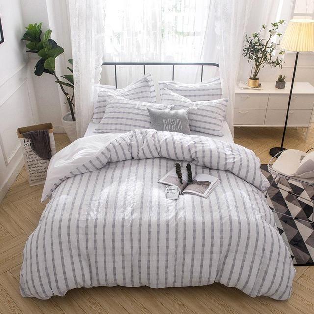 Lausonhouse Seersucker Duvet Cover Set,100% Cotton Woven Seersucker Stripe Duvet Cover Set,3 Pieces Bedding Set- Queen - Gray