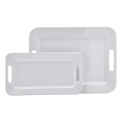 Tabletops Gallery White Durable Stoneware Serving Dishes Platter and Sets with Handles, Rectangular Platter Set of 2