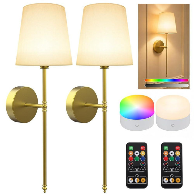 XILLUMI CORE Battery Operated Wall Sconces Set of 2, Rechargeable Wireless Wall Lights with Remote, RGB Dimmable Wall Lamp for Bedroom Wall Decor Living Room Hallway (Gold)