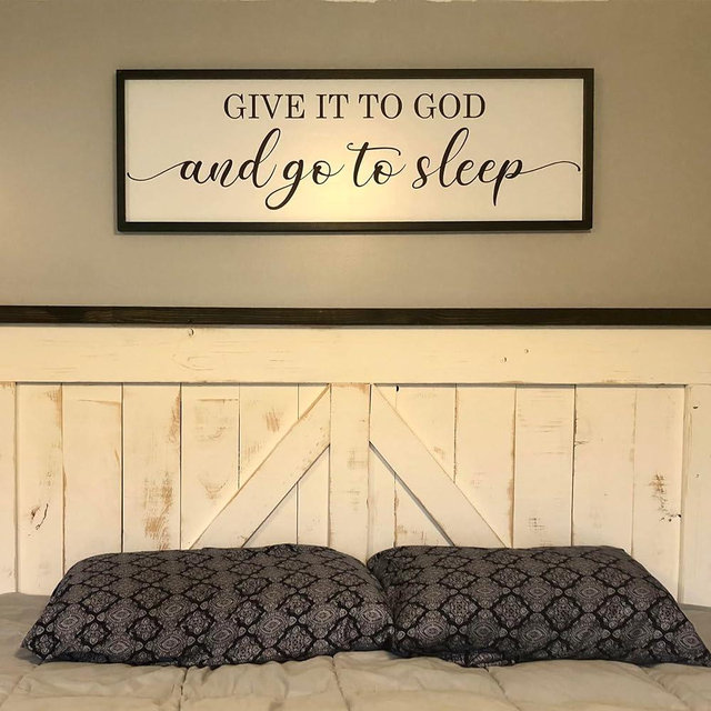 Houmury Framed Give it to God and Go to Sleep Signs 48"x16" Above Bed Wall Decors Wall Art for Bedroom Wood Signs (48x16 inch, Black)