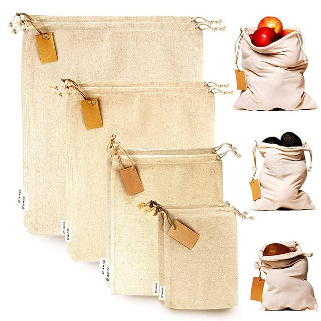 Muslin Bags with Drawstrings - Set of 8 Mixed (S,M,L,XL) - Reusable Produce Bags for Bulk Food Storage - Cloth Bags - Canvas Fabric Bags - 100% Washable Natural Cotton Bags - Set of 8 Mixed (S,M,L,XL) by Leafico
