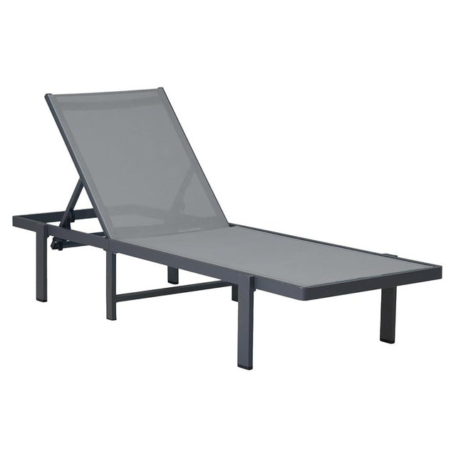 Aluminum Chaise Lounge Chair Outdoor, Adjustable Five-Position Recliner and Full Flat Tanning Chair for Patio, Beach, Yard, Pool, Dark Grey