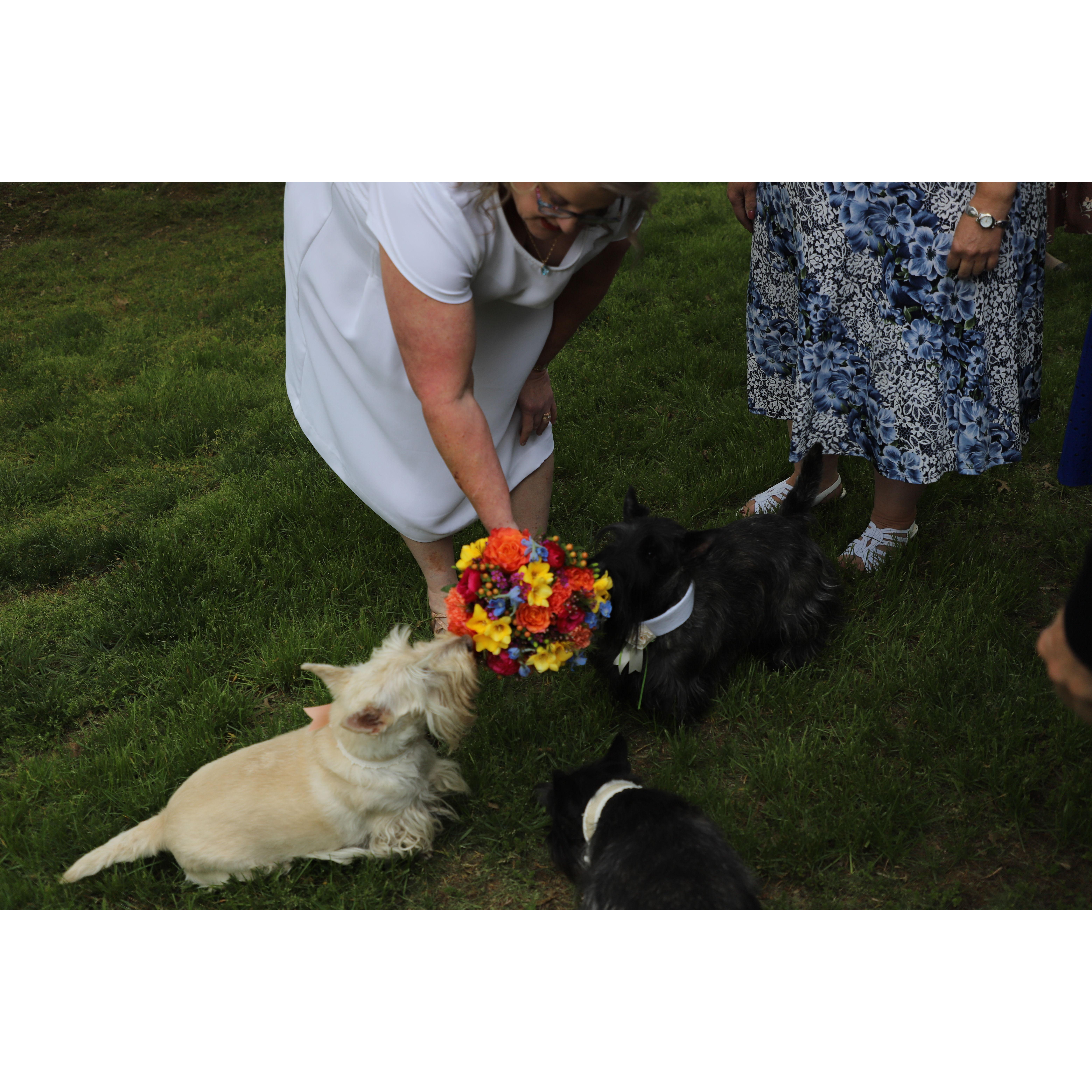 The girls checking out the bouquet.