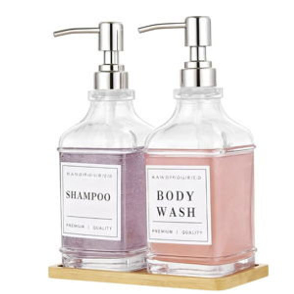 Dish and Hand Soap Dispenser for Kitchen,Glass Soap Dispenser with Pump,Tray,Funnel, Set of 2 Countertop Soap and Lotion Dispenser for Bathroom,Shower,500ml/16.9oz,