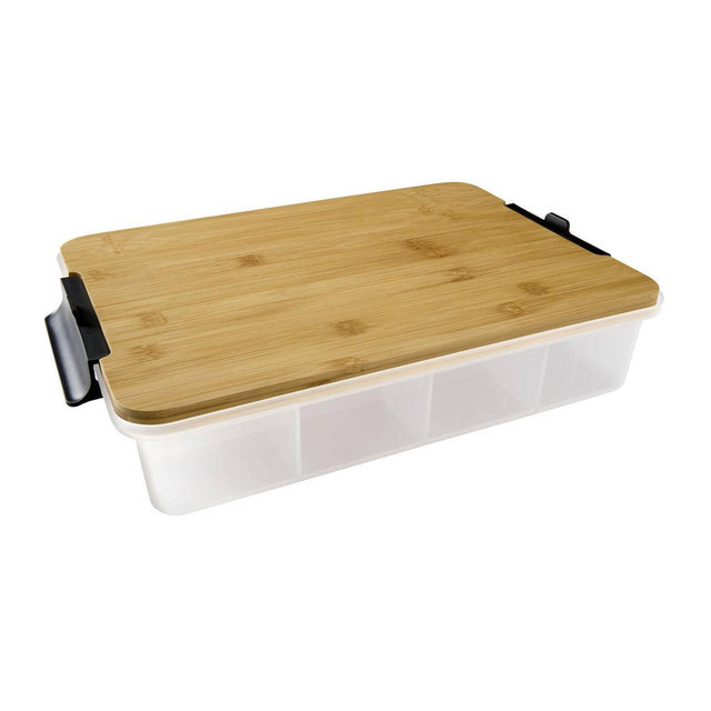 Farberware 11"x16" Snacklebox with Locking Bamboo Cutting Board Lid: Plastic Food Storage Container, Hand Wash