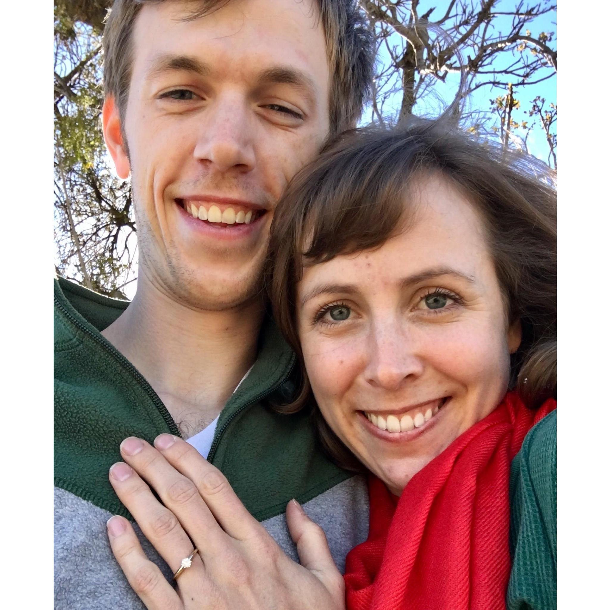 Christmas Eve day. Hiking on our usual trail. Stopped under a mistletoe tree. Where Nathan proposed. 2018