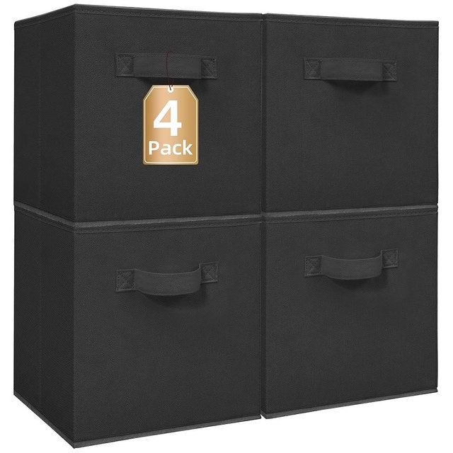 STORAGE MANIAC Storage Cubes, 11 Inch Collapsible Storage Bins with Handles, 4 Pack Fabric Foldable Bins for Organization, Durable Storage Bins for Closet, Shelves, Offices, Toys, 4-Pack Black