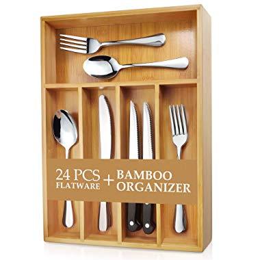 Teivio 24-Piece Silverware Set, Flatware Set Mirror Polished, Dishwasher Safe Service for 4, Include Knife/Fork/Spoon with Bamboo 5-Compartment Silverware Drawer Organizer Box