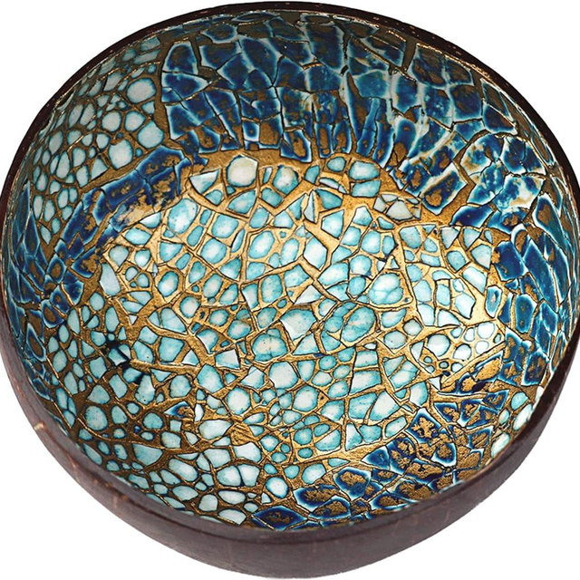 ChezMax Natural Coconut Bowl Mother of Pearl Inlaid Shell Bowls Key Bowl for Entryway Table Candy Container Nuts Holder Fruits & Dry Snack Storage Bowl Round Handcrafted Bowl for Decoration(Blue-Gold)