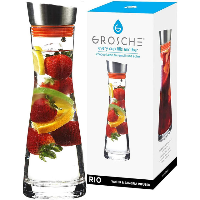 GROSCHE Rio Glass Infusion Water Pitcher and Sangria Maker Carafe with Stainless Steel Smart Filter Lid, 34 fl oz