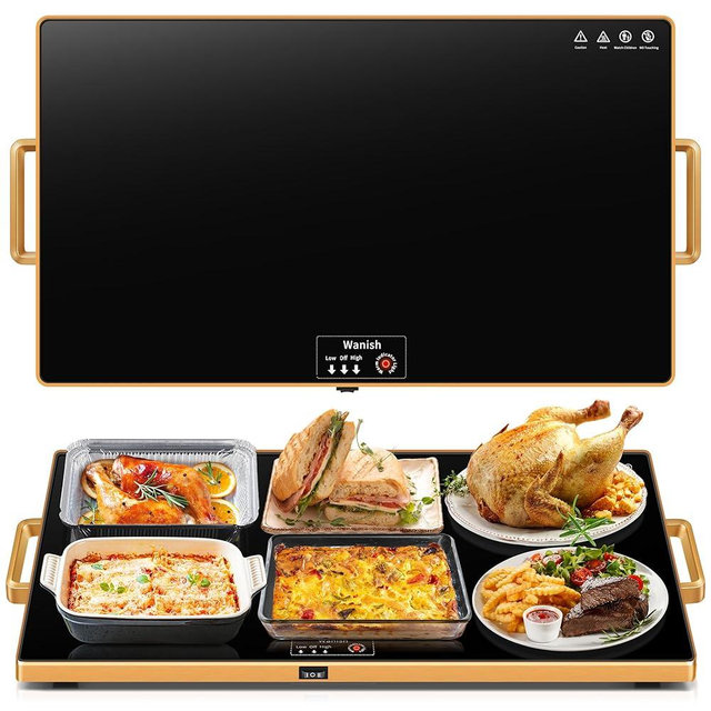 Electric Warming Tray (XL 32"x18")，Food Warmers for Parties Buffet with Thermostat & Full Surface Heating, Tempered Glass Warming Mat for Food, Temperature Adjustable Gold Handles Chafing Dishes