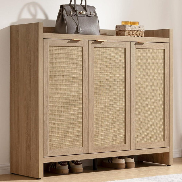 SICOTAS Shoe Storage Cabinet, 30 Pairs Rattan Shoe Cabinet Storage for Entryway, 6-Tier 41" Tall Large Shoe Cabinet, Boho Farmhouse Cabinet with Doors for Entryway Hallway Living Room, Light Oak