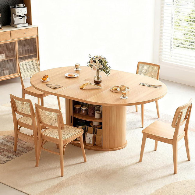 Wildhome Extendable Round Dining Table for 2-4-6, 63 Inch Dining Room Kitchen Table with 2-Tier Storage Shelf, Modern Farmhouse Fluted Wood Slide Door Dinner Furniture,Oval Circle,Oak-63 Inch