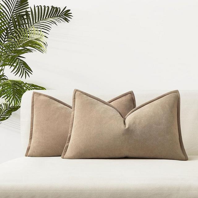 JUSPURBET Almond Herringbone Textured Lumbar Throw Pillow Covers 16x24 inch Set of 2 for Home Decor Living Room Couch Bed Decorative Soft Luxury Chenille Cushion Case with Invisible Zipper