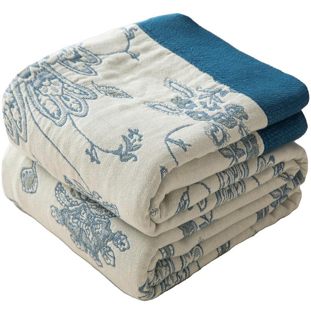 Phuryllic Boho Throw Blanket Full Size, Extra Large Soft Cozy Cotton Muslin Quilt Blanket for Bed Decor, Floral Patterned Couch Sofa Chair Cover, Vintage Farmhouse Cottage Woven Blanket, Blue&White
