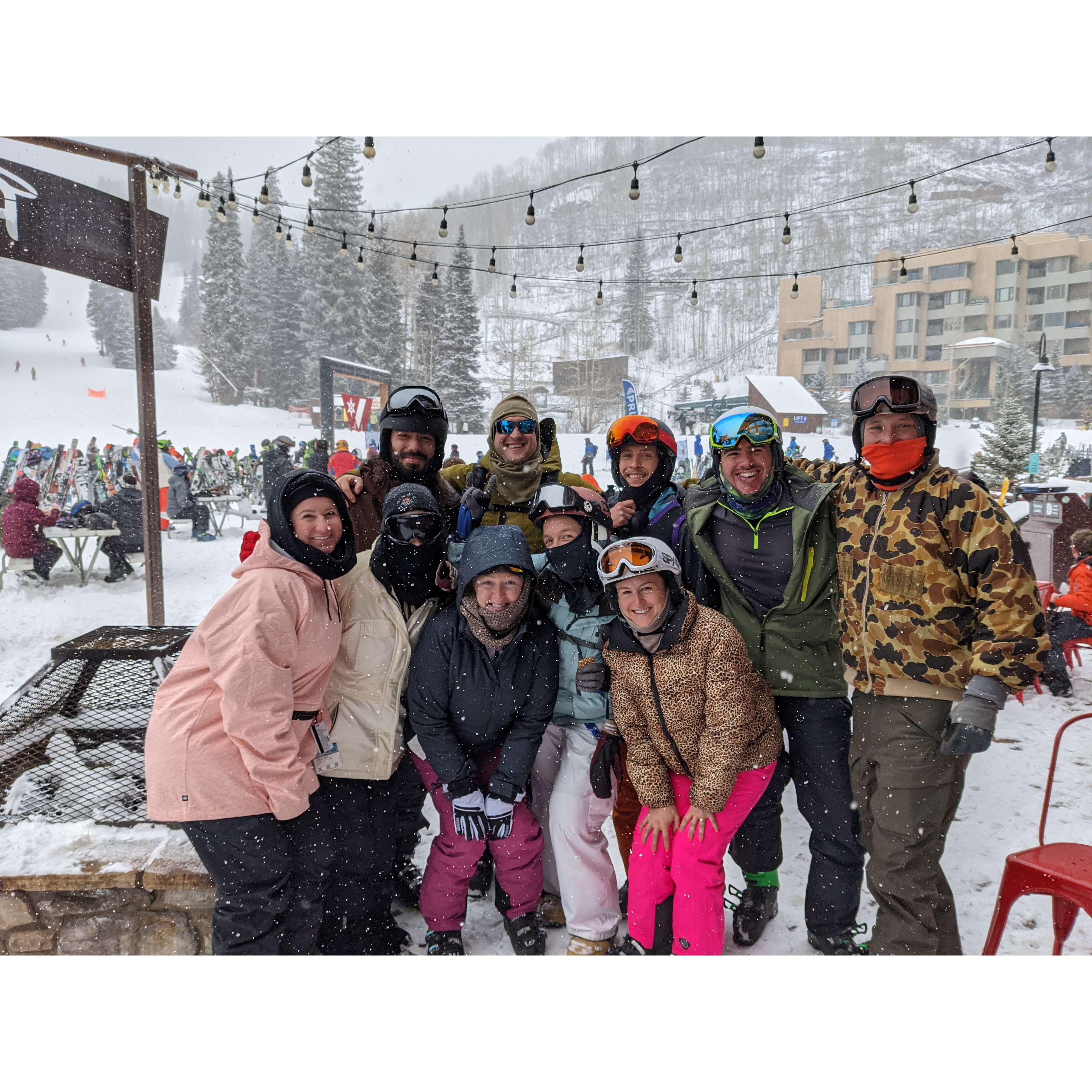 The gang coming in for a group picture in the snow! Purgatory, Durango, Colorado.