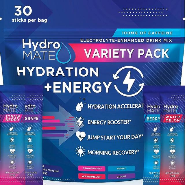 NatureWorks HydroMATE Electrolytes Powder Drink Mix Packets Hydration Accelerator Low Sugar Rapid Party Relief Recovery Vitamin C Plus Caffeine Variety Pack 30 Count