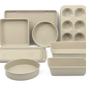 Martha Stewart Gallen 10 Piece Baking Pans Ceramic PFA Free Non Toxic Non Stick Bakeware Set - Taupe