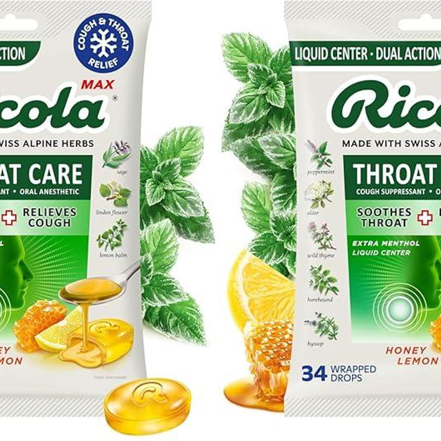 Ricola Max Honey Lemon Throat Care Large Bag | Cough Suppressant Drops | Dual Action Liquid Center | Soothing Long-Lasting Relief - 34 Count (Pack of 2)