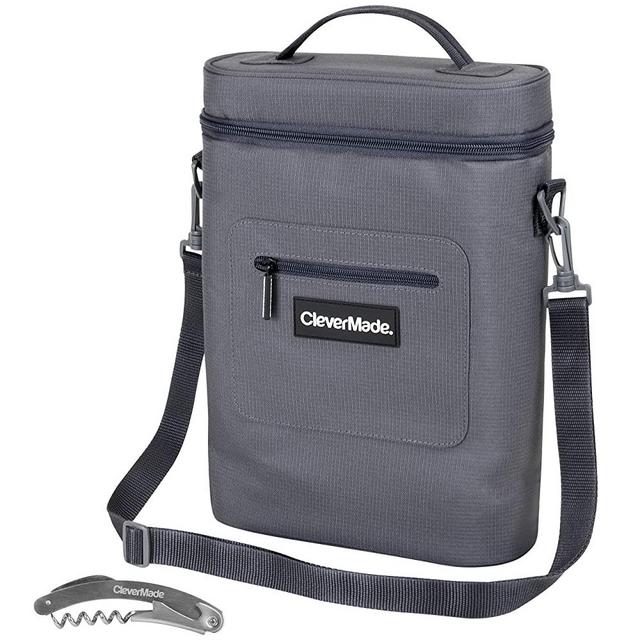 CleverMade Wine Bottle and 6 Pack Cooler Bag; Insulated Wipeable Tote with Removable Ice Pack and Corkscrew Bottle Opener, Charcoal