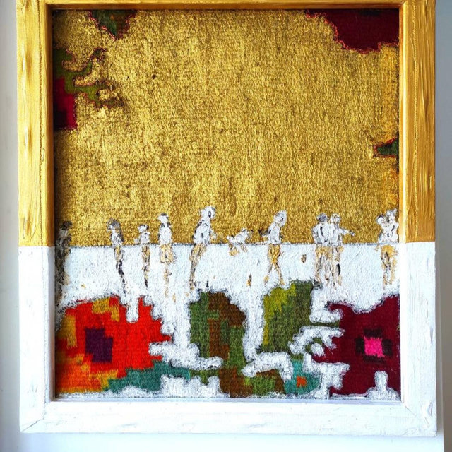 Painted wall hanging decor, vintage Romanian kilim rug, boho floral wall hanging carpet, framed painting, wall art decor, 50x45cm.