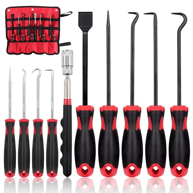9Pcs Long Hook and Pick Set with Magnetic Telescoping Pick Up Tool Kit, Precision Scraper Gasket Scraping Hose Removal Puller Hook and Pick Set Perfect for Automotive and Electronic Tools