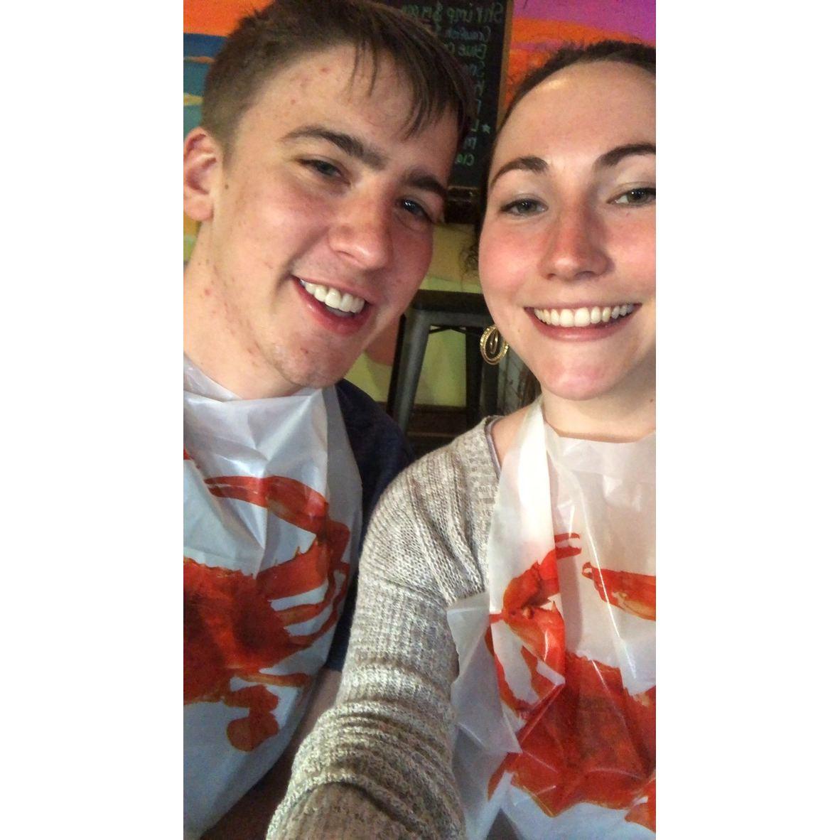 One of our favorite things to do together is try new food in new places! This is a picture from New Orleans--we are eating lots and lots of crawfish and enjoying our first bites of alligator!