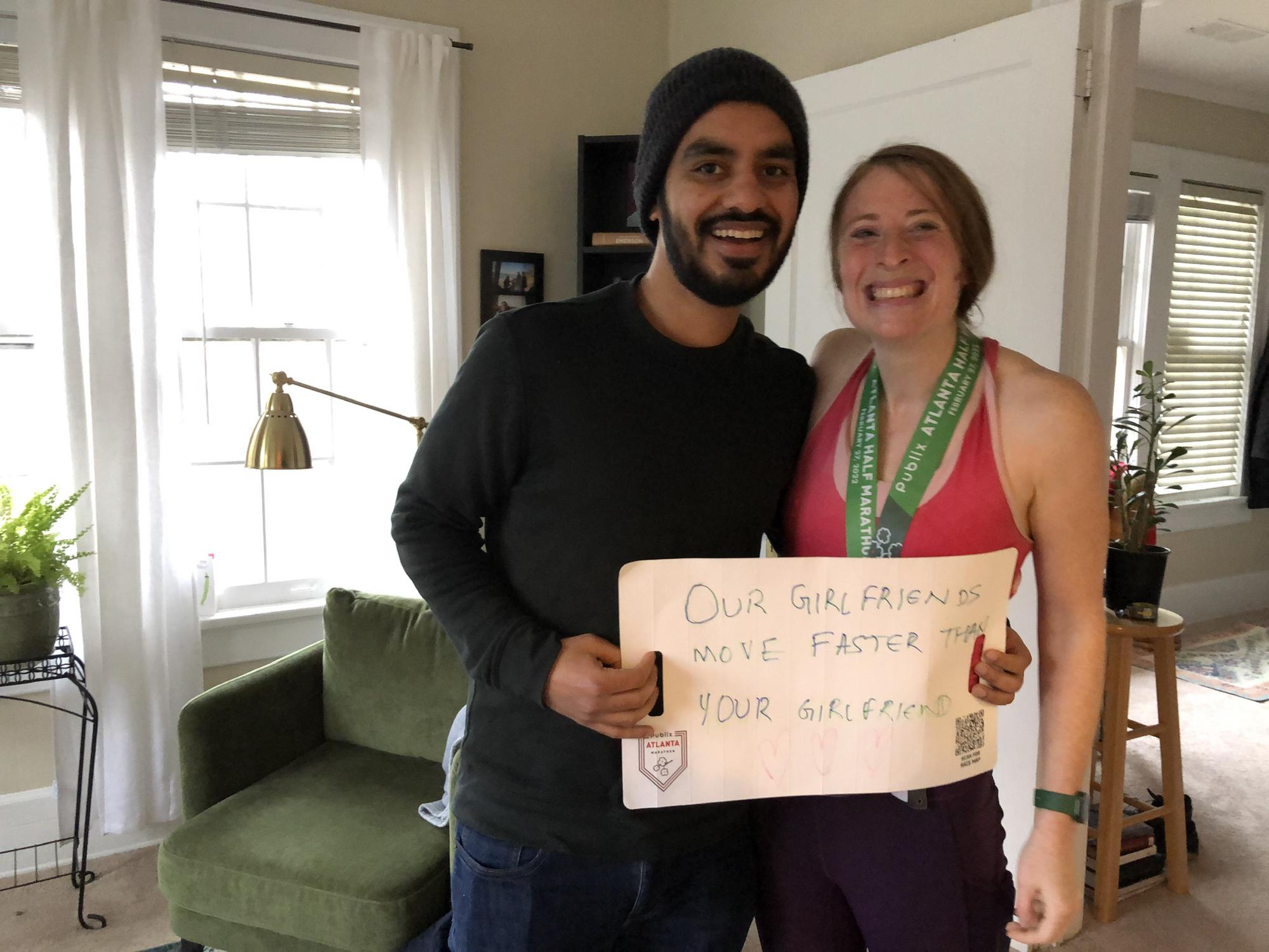 Abhi and Ella cheered me and Jennifer on at the coldest half-marathon EVER! They thought the sign was mean to other runners though, so they didn't use it!