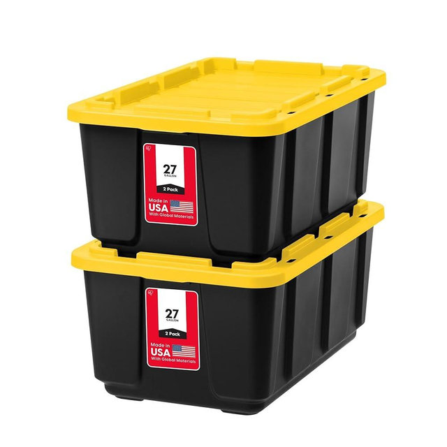 IRIS USA 2-Pack 27 Gallon Storage Bins with Lids |Made in USA| Heavy Duty Plastic Tote Containers for Truckbed Tool Box Organization, Large - Black/Yellow