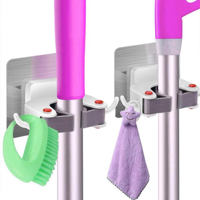 Broom Holder Wall Mount - Self Adhesive Broom Holder on Wall Broom Organizer Hooks Gripper Hanger No Drilling for Kitchen Bathroom Laundry and Garage Tool Organizer Wall Mount (2 Pack)