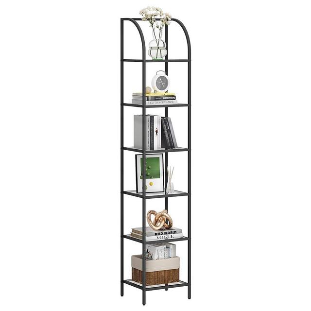 Hzuaneri Bookcase Bookshelf, Tempered Glass Arched Bookshelf for More Storage, Slim Shelving Unit for Bedroom, Bathroom, Home Office, Steel Frame, 6 Tier Black BC20699B