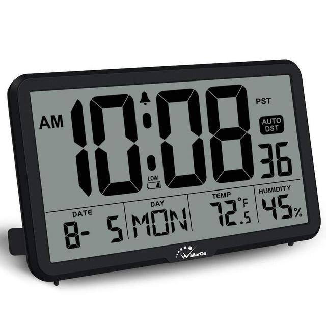 WallarGe Digital Wall Clock, Autoset, Desk Clock, with Temperature, Humidity and Date, Battery Operated, Digital Clock Large Display, 8 Time Zone, Auto DST. (Black)