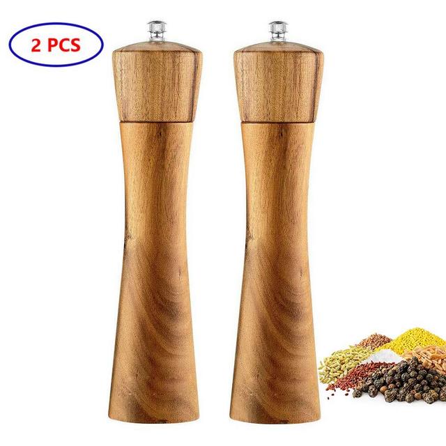 Wooden Salt and Pepper Grinder, Adjustable Manual Salt Grinder, Acacia Wood, 8 inch, Pepper Mill with Ceramic Core, Suitable for Picnic, Parties, Restaurant, Dinner, BBQ (2 PCS)