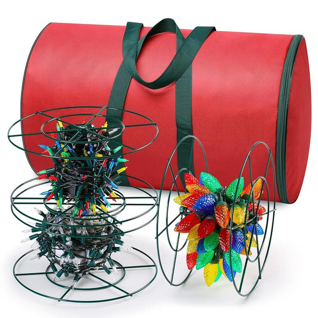 EDSRDUS Christmas Light Storage Reels - 3 Metal Spools & Durable Oxford Bag for Holiday Cord Wire Organization