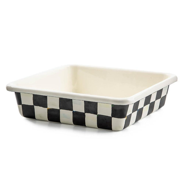MACKENZIE-CHILDS 8-Inch Enamel Baking Pan, Metal Oven Pan for Baking, Black-and-White Courtly Check
