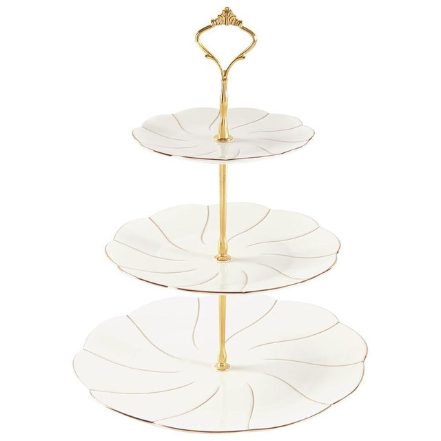 DUJUST Luxury Larger 3-Tier Cupcake Stand Tower, British Style Porcelain Serving Tray with Golden Trim, Food Grade Dessert Display Stand for Tea Party & Home Décor - 45% Larger Plates