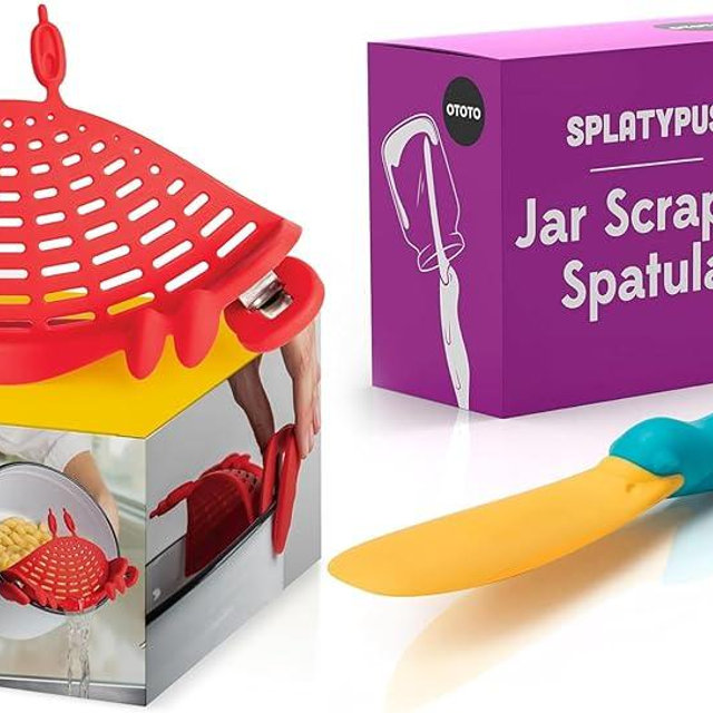 Bundle of 2! - OTOTO Crabby Clip-On Strainer + Splatypus Jar Scraper, Cute Kitchen Gadgets