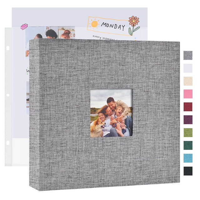 Mublalbum 12x12 Inch DIY Scrapbook Photo Album with 20 Plastic Sleeves 40 Pages Linen Cover 3 Ring Folder Binder for Wedding Baby Family and DIY Projects (Grey)