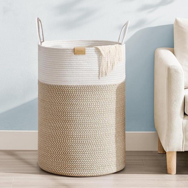 Nunsino 75L Laundry Hamper Basket,Baby Nursery Woven Storage Basket for Toys Bin,Pillows,Blankets,Clothes,Brown&White