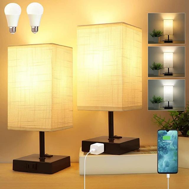 Dott Arts Table Lamp for Bedroom Set of 2,Minimalist Bedside Lamps with AC Outlets，Night Light Lamp 2700K 4000k 5000K Small Nightstand Lamps for Living Room Kids Room Office(Bulbs Included)
