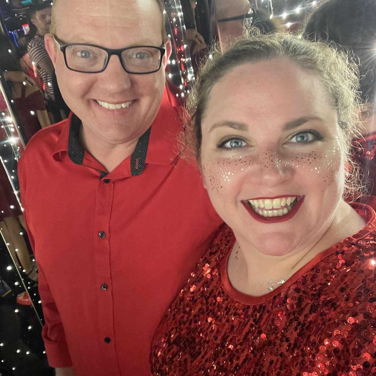Ready for the  Scarlet Night party on Virgin Voyages