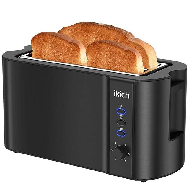 IKICH Toaster 2 Long Slot, Toaster 4 Slice Stainless Steel, Warming Rack, 6 Browning Settings, Defrost/Reheat/Cancel, Removable Crumb Tray, 1300W