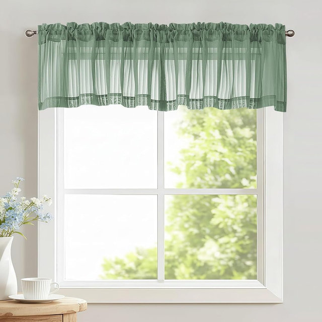 OWENIE Sage Green Striped Valances for Windows - Light Filtering Textured Short Sheer Curtains for Kitchen Cafe Bedroom Living Room Small Window, Modern Rod Pocket Semi Sheer Curtain, 2PCS 52" Wx14 L