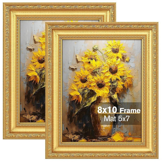 Splinterix 8x10 Gold Picture Frame Set of 2, Ornate Vintage 8 x 10 Photo Frame for Wall Decor or Tabletop Display, 8x10 Gold Frames with Real Glass, Display 5x7 Pictures with Mat or 8x 10 without Mat for Antique Déco