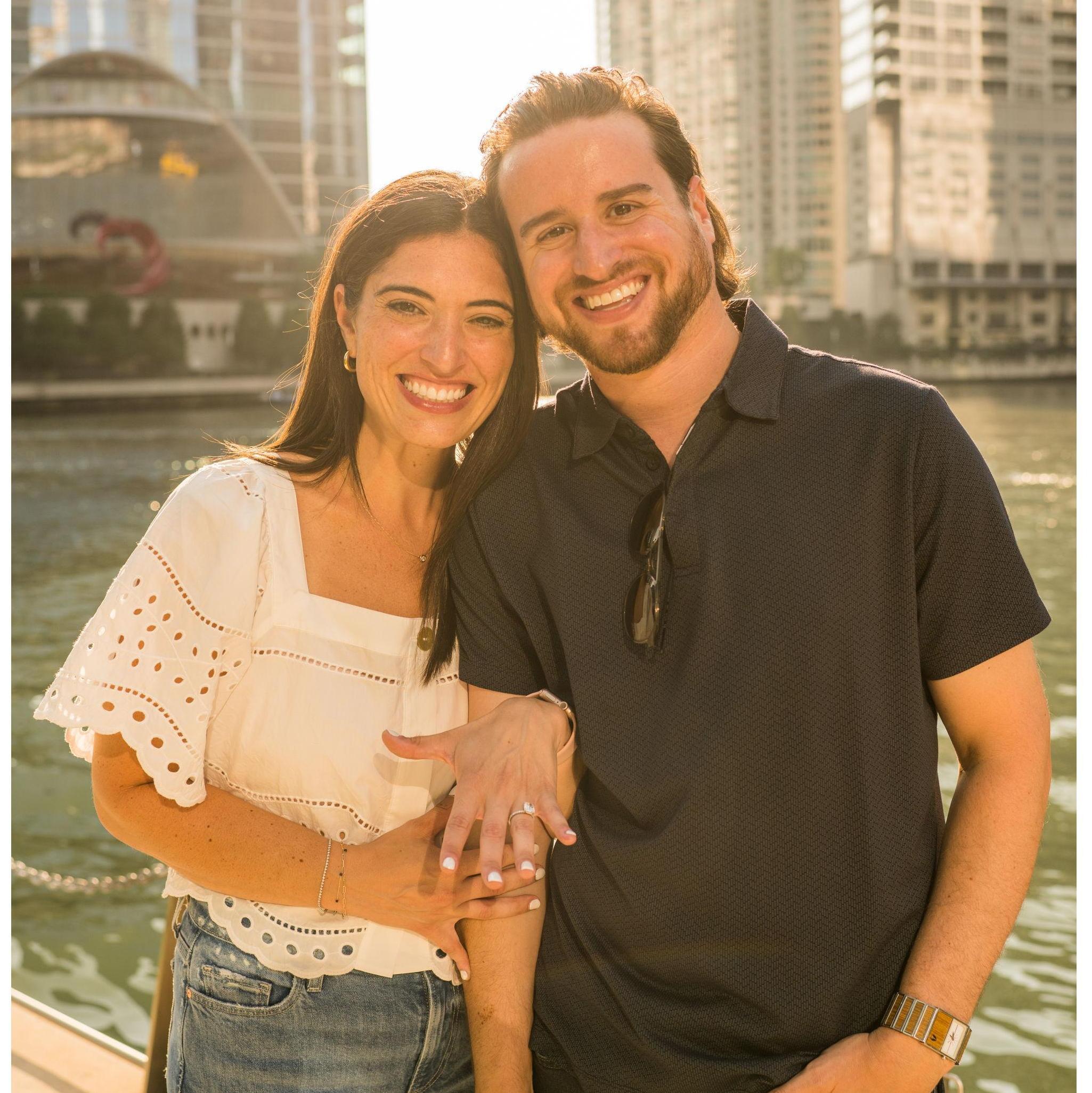 Marc surprised Heather with an engagement the night before his birthday. He proposed outside one of their favorite restaraunts on the Chicago river and then celebrated with family and friends.