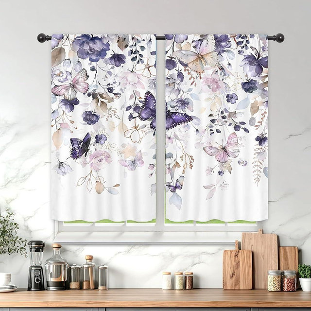 Mitpok Purple Floral Flower Kitchen Curtains for Bedroom 27.5Wx39H Inch Rod Pocket Country Spring Watercolor Flowers Plant Natural Women Elegant 2 Panel Window Treatment Set for Living Room Decor