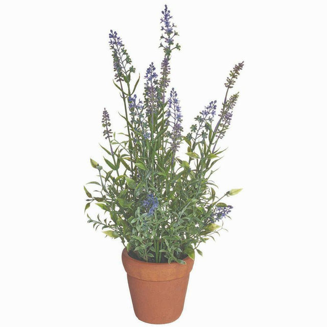 Faux Potted Lavendar in Cement Pot, 20" - Purple