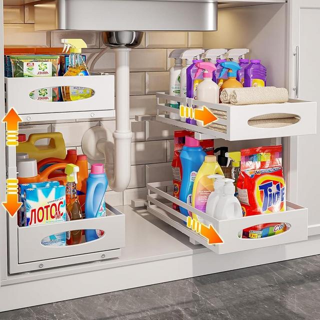 mixeshop Under Sink Organizer, 2 Pack Pull Out Cabinet Organizers, Slide Sink Steel Shelf Cabinet Storage Shelves, Under Sink Storage for Kitchen Bathroom Cabinet, White